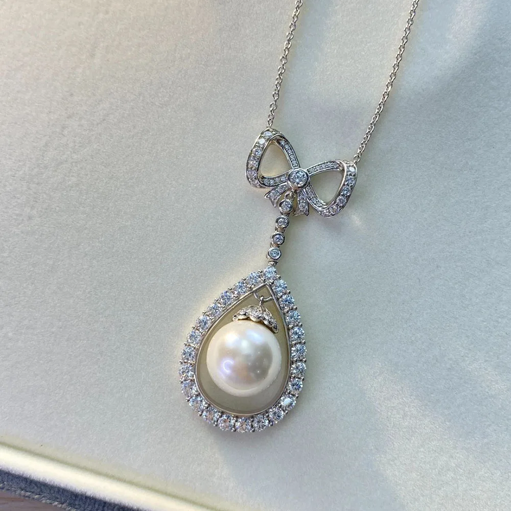 

High Quality 925 Sterling Silver Fresh Water Pearl Pendant High Carbon Diamond Bowknot Necklace Anniversary Gifts Fine Jewelry