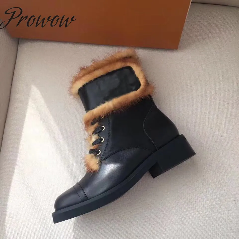 AS PIC Prowow/Новинка; теплые зимние сапоги из натуральной кожи на шнуровке; женские ботильоны на низком каблуке с круглым носком и мехом норки - Цвет: AS PIC