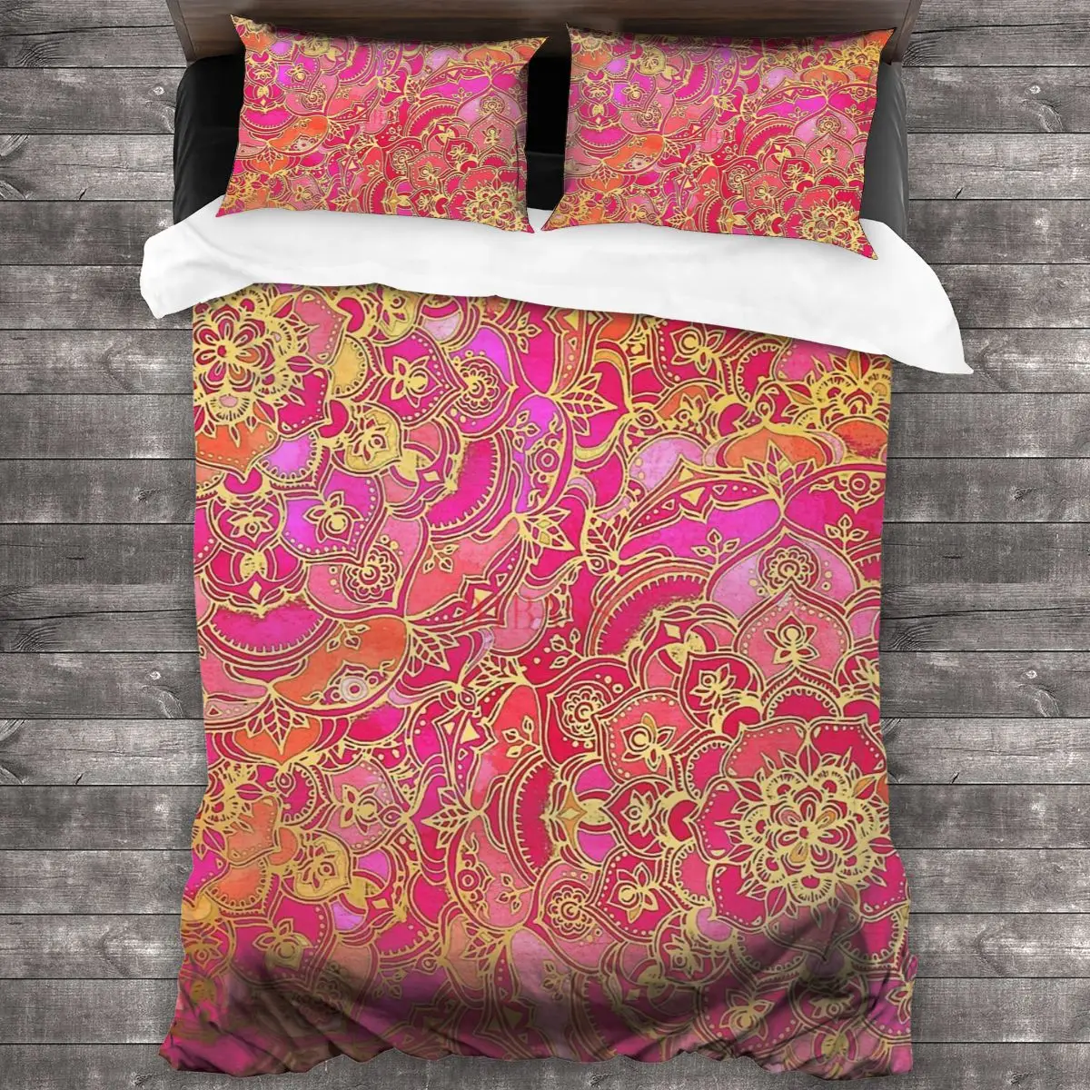 

Hot Pink And Gold Baroque Floral Pattern 100%Pure Cotton Comforter Set with 2 Pillowcase,Duvet Cover Set, Bedding Sets Bed Set