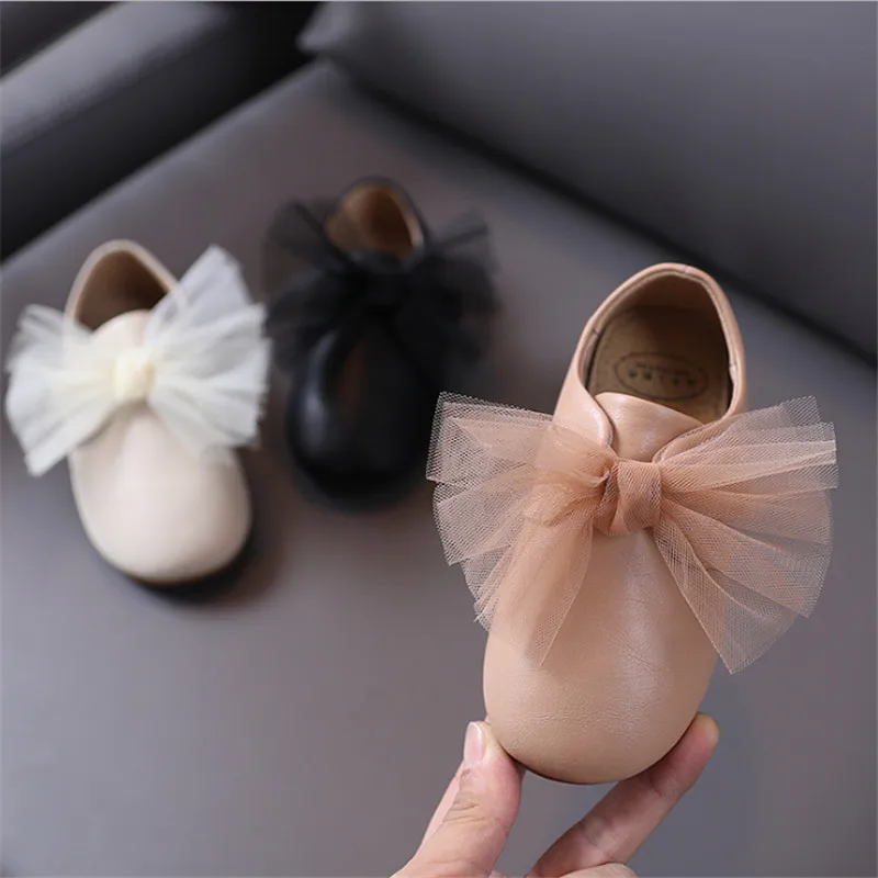 

Teenage Boots Kids Shoes For Girls Leather Net Yarn Bow-knot Grils Princess Shoes Soft Bottom Cute Fashion Toddler Baby Shoes