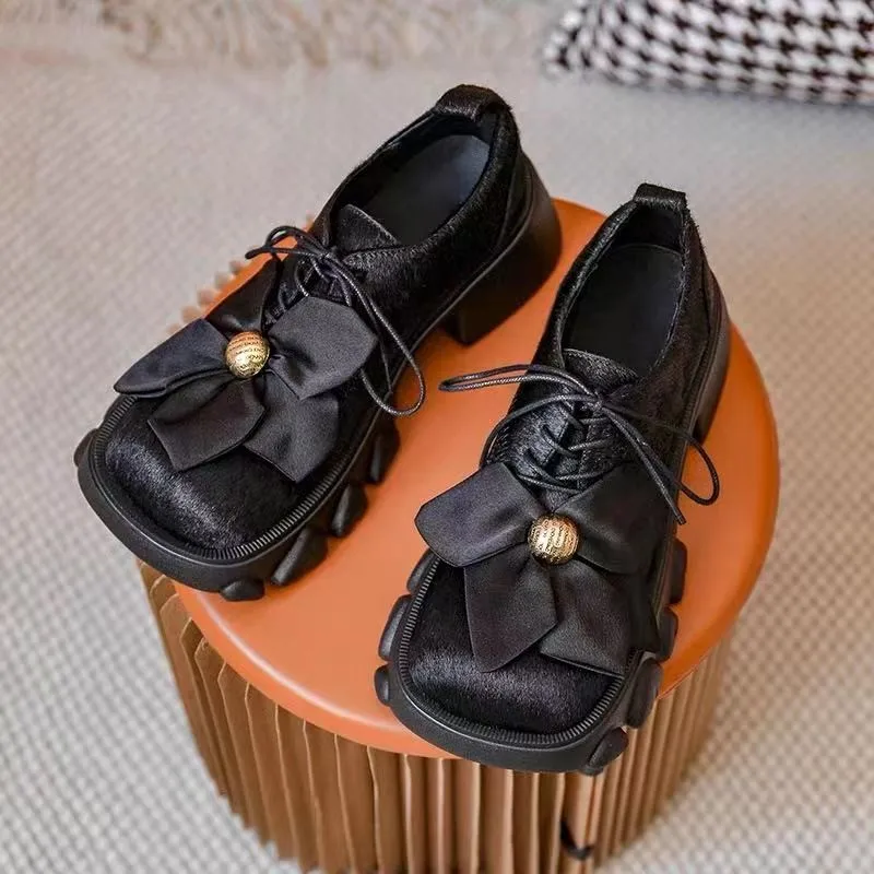 

British Style Women's Pumps 2021 Autumn New Women Small Leather Shoes Fashion Single Shoes Female Square Toe Bow-knot Loafers