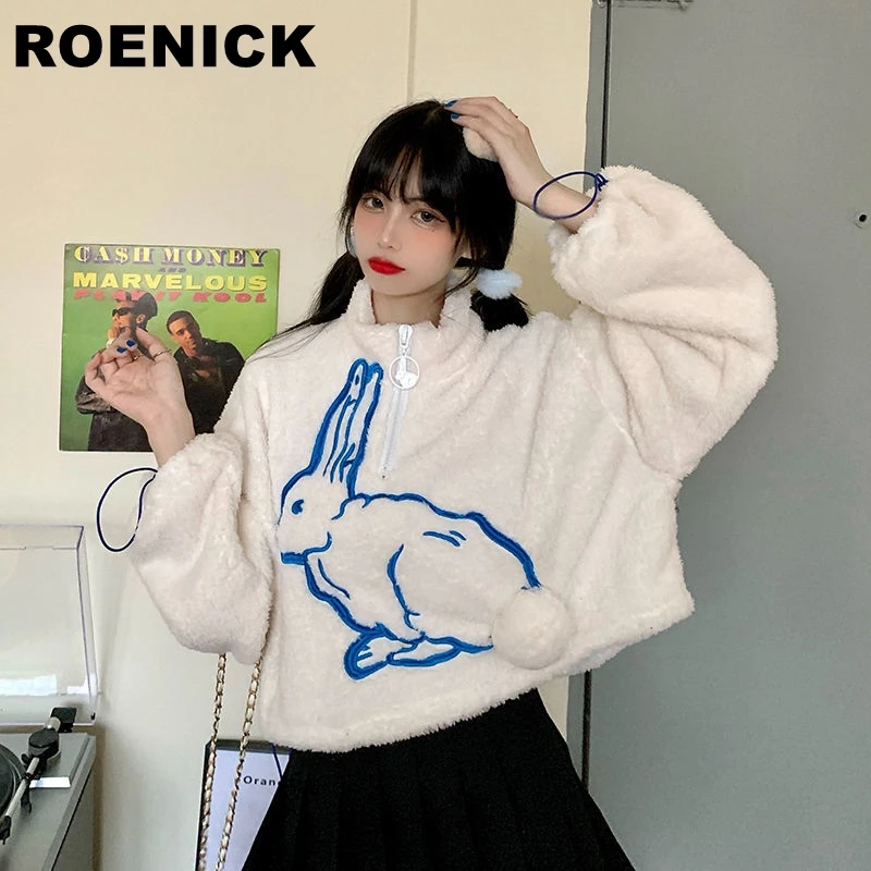 Толстовки ROENICK свитшоты женские пуловеры с белым принтом кролика Женская Толстая