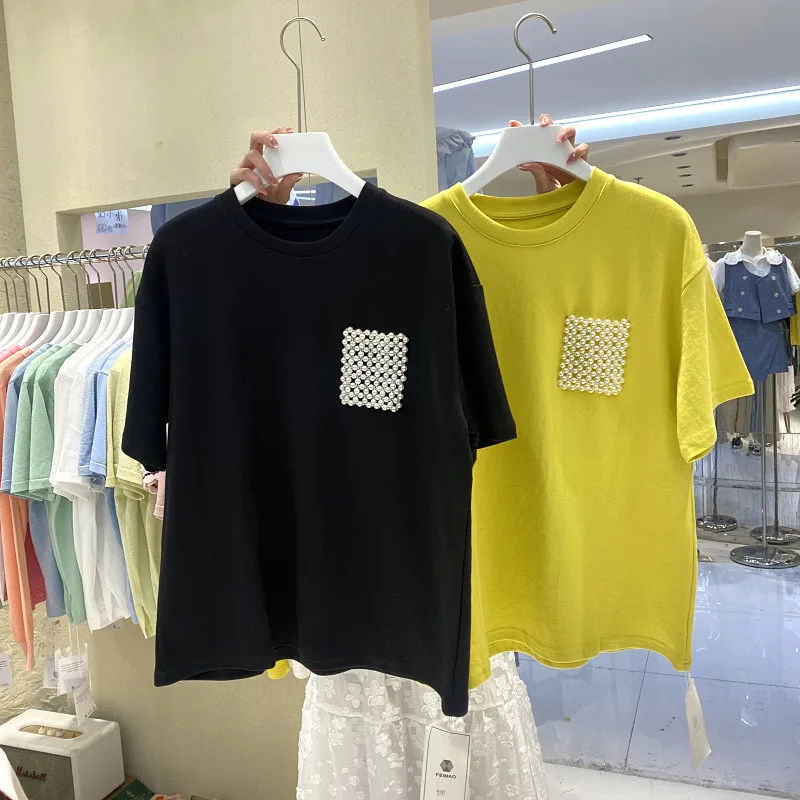 Однотонная летняя Корейская женская футболка 2022 топы с жемчужинами и карманами