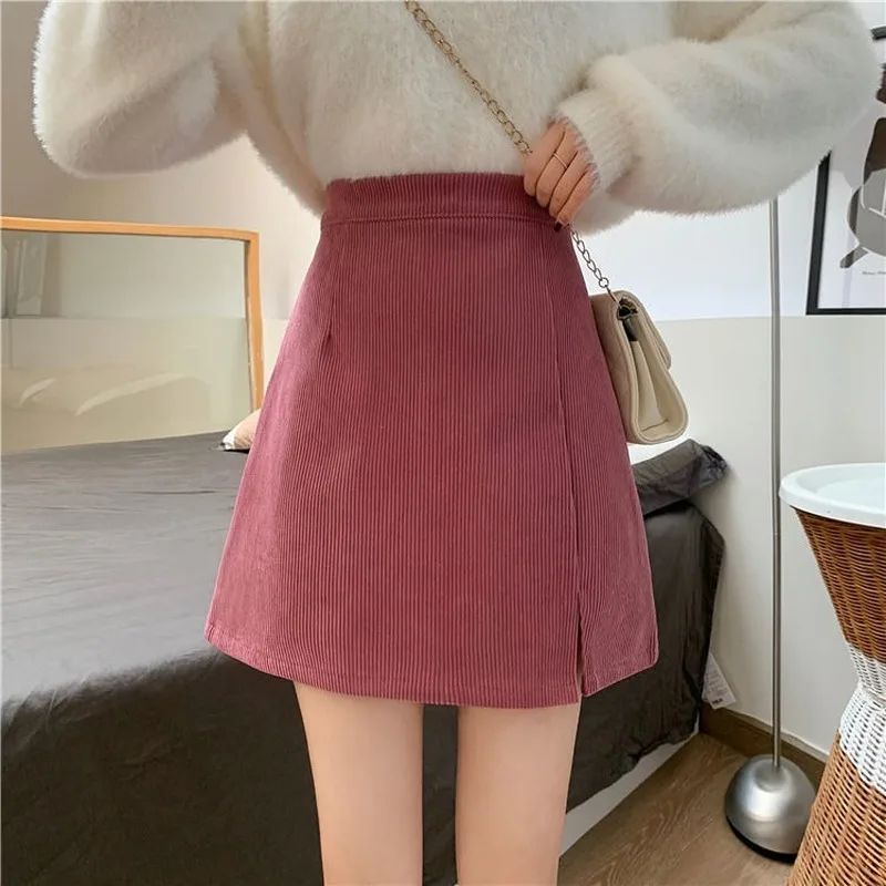 

Woman Corduroy Skirt Summer Sexy Mini Vintage Harajuku Skirts Mini Slit Slim High Waist Straight Skirt Ladies Y2k Style 2021