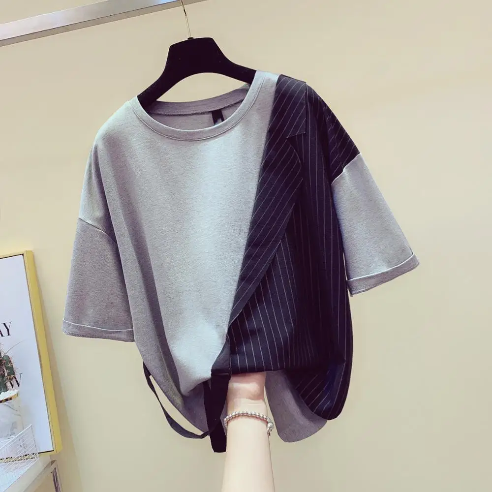 

2020 Summer Women's O Neck Short Sleeves T-Shirt Stripe Patchwork Tee Girls Pullover Casual Tops Tees A2617