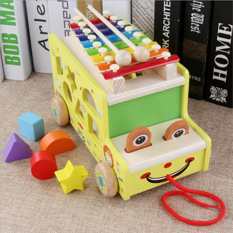 

Wooden Knock Piano Drag Small Car Children's Color Cognitive Shape Matching Early Childhood Educational Toy Xylophone 2-4 Years