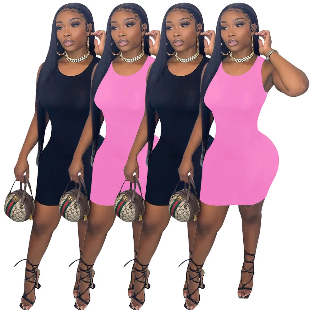 

Pink Black O-neck Sleeveless Sexy Mini Dress Women Fashion New Waist Shaping Bodycon Dress Elegant Solid Female Party Vestidos