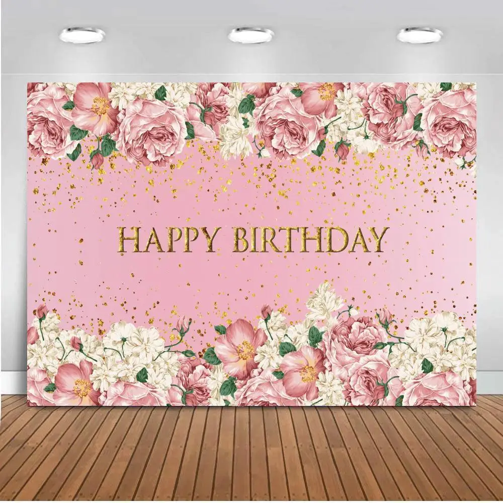 

Rose Gold Glitter Happy Birthday Backdrop Floral Flowers Dots Adult Girl Birthday Party Background Decoration Custom Photography