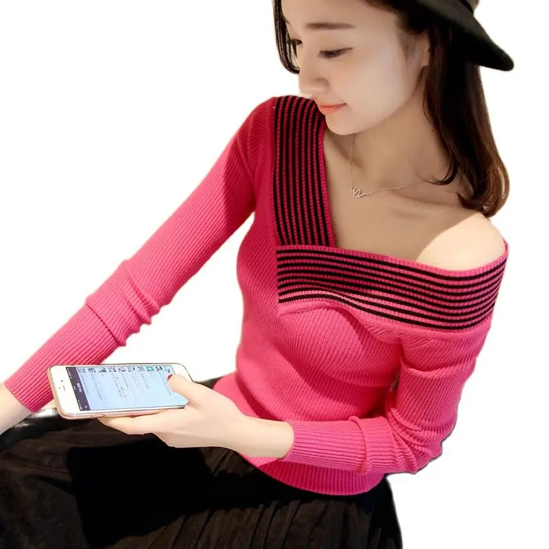 Женский Короткий трикотажный свитер в полоску тонкое пальто с V-образным вырезом