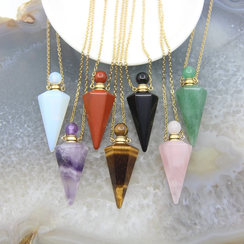 

Natural Quartz Crystals Faceted Point Pendulum Perfume Bottle Pendant,Healing Energy Gemstone Essential Oil Diffuser Vial
