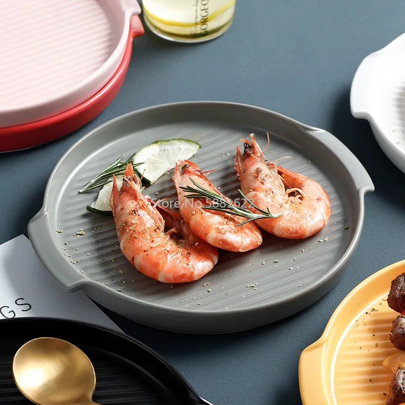 

Nordic style ceramic tableware round binaural baking tray color glaze creative household baking pizza baked rice