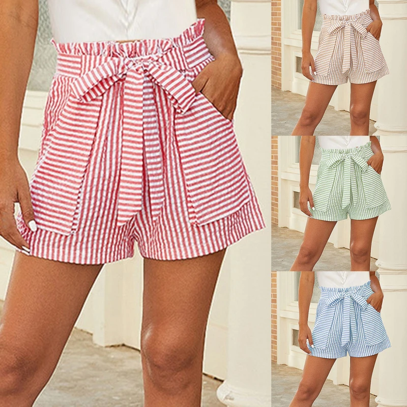 

Summer Casual Loose Shorts Women Beach Stripe Pockets Bandage Elastic High Waist Shorts Female Holiday Vocation Short