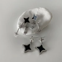 rock black star alloy earrings for women girls bling rhinestone silver color long tassel dangle earrings jewelry