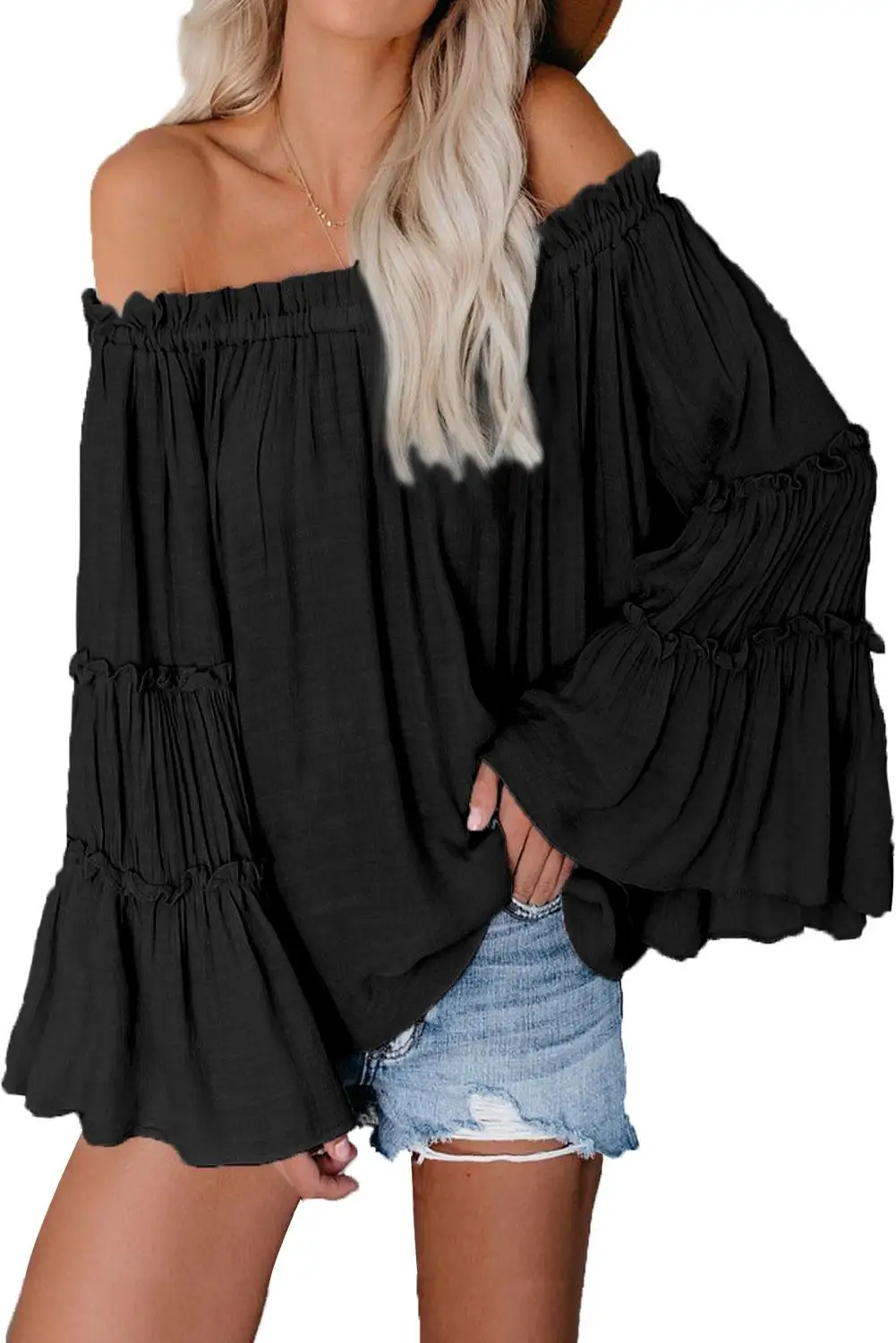 Черная/коричневая/небесно-голубая блузка с открытыми плечами Топ Женская