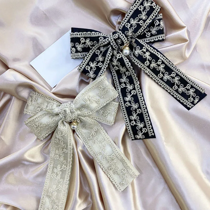 

2020 Korea Women Bow Knot Hair Ribbons Black Beige Lace Spliced Hairbands Elegant Princess Head Top Hair Accessories Headwear
