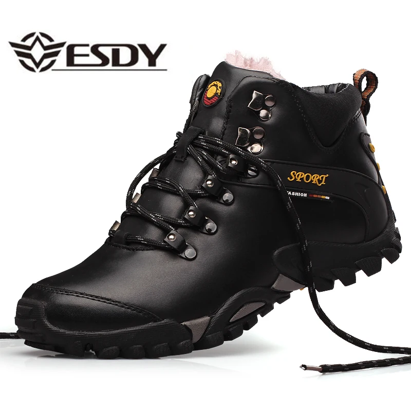 Мужские зимние ботинки теплые плюшевые Водонепроницаемые кожаные на шнурках