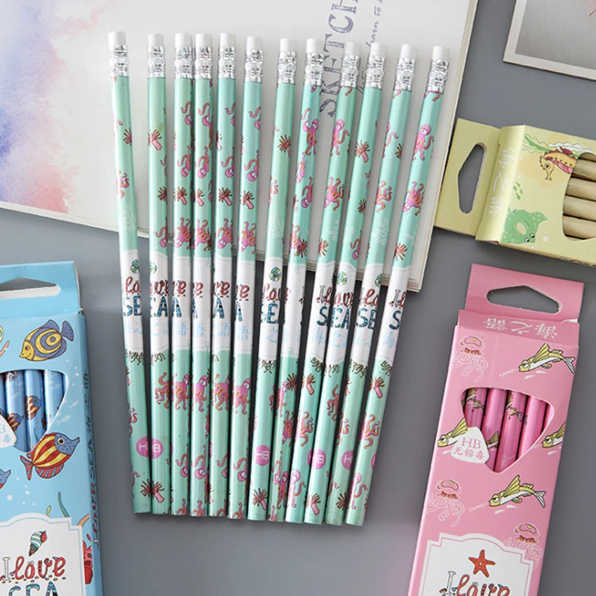 

12pcs/lot lovely Ocean series Pencils with eraser Writing tools School Supplies Stationery
