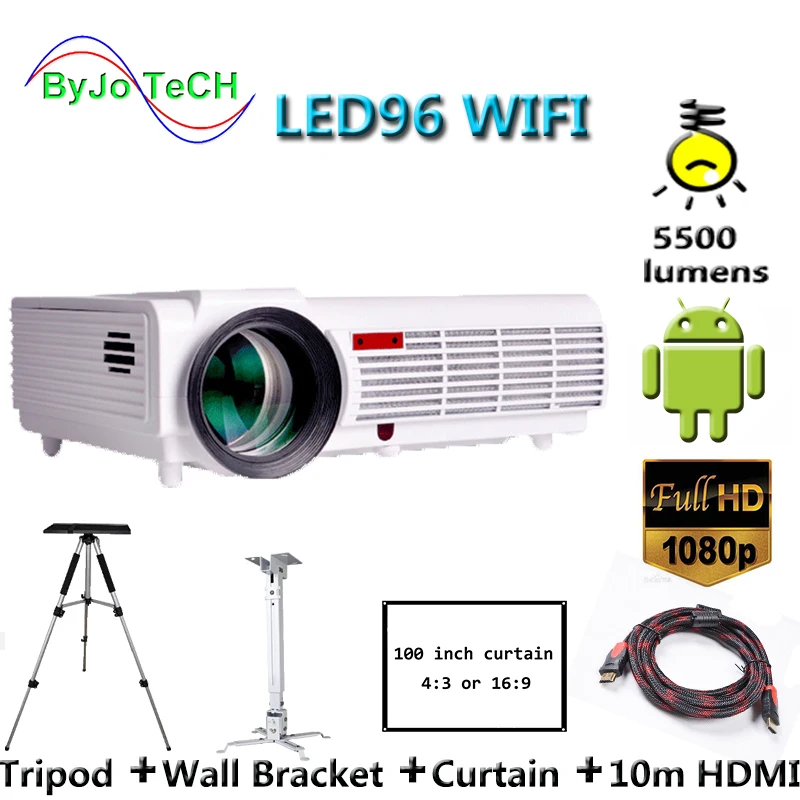 

Проектор Poner Saund LED96, Wi-Fi, Android 6,0, беспроводной, многоэкранный, интерактивный, 5500 люмен, 10 м, HDMI, настенный кронштейн, штатив Vs bt96 m5