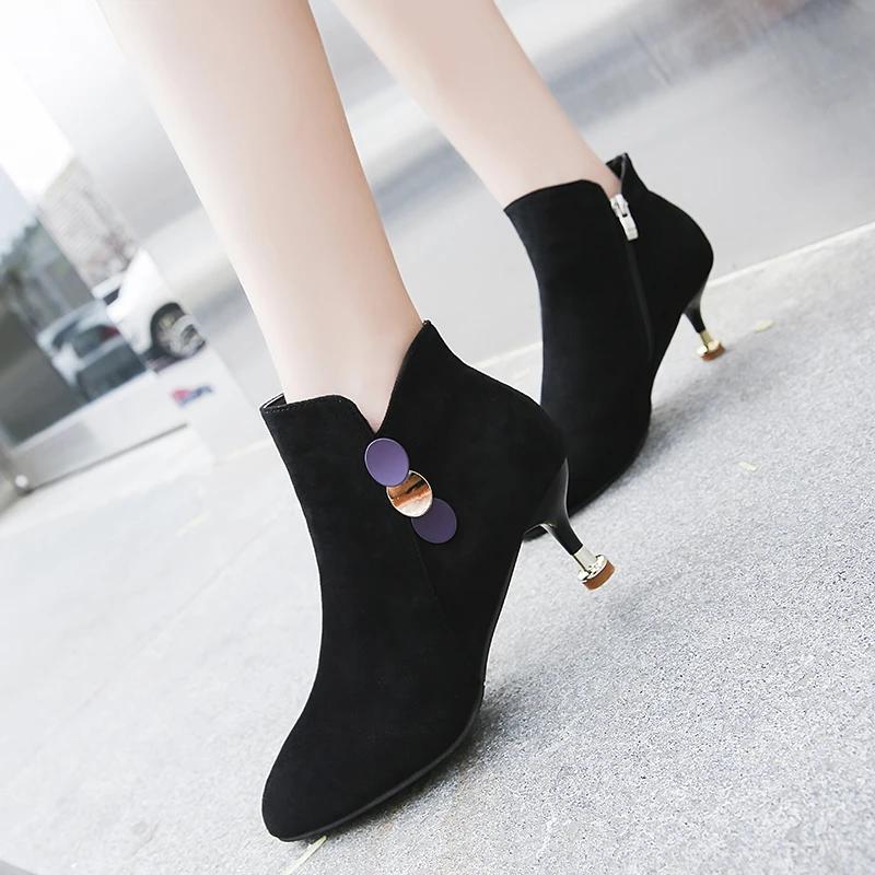 

Flock Winter Boots Pointed Toe Thin High Heels Zipper Sexy Ladies Shoes Woman Ankle Boots for Women Shoes Metal Plus Size Boots