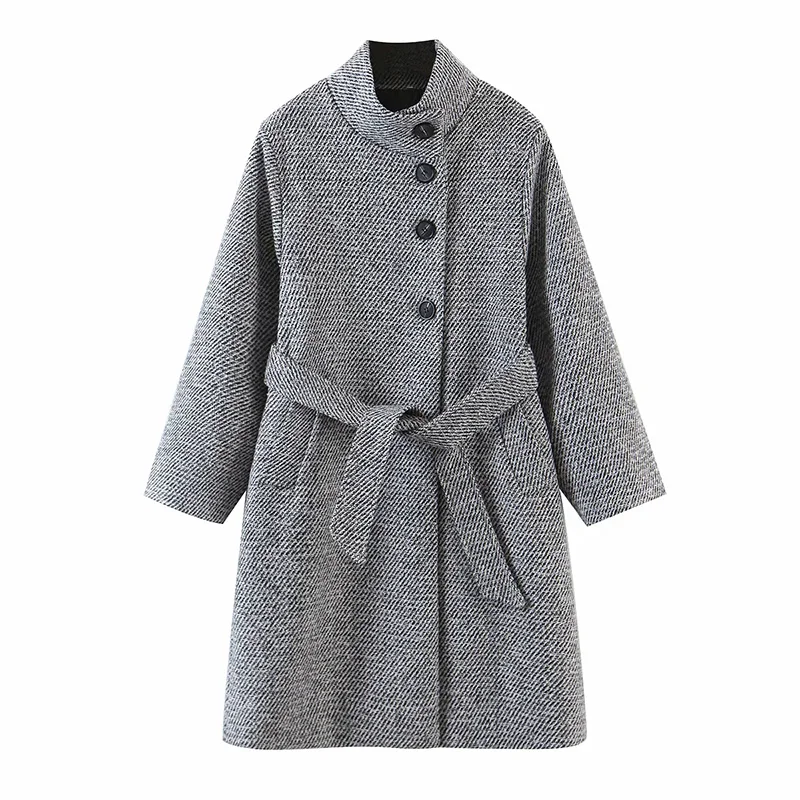 

Women Pop Mid-High Neck Belt Overcoat British Vogue Female Beveled Single Breasted Plaid Jacket
