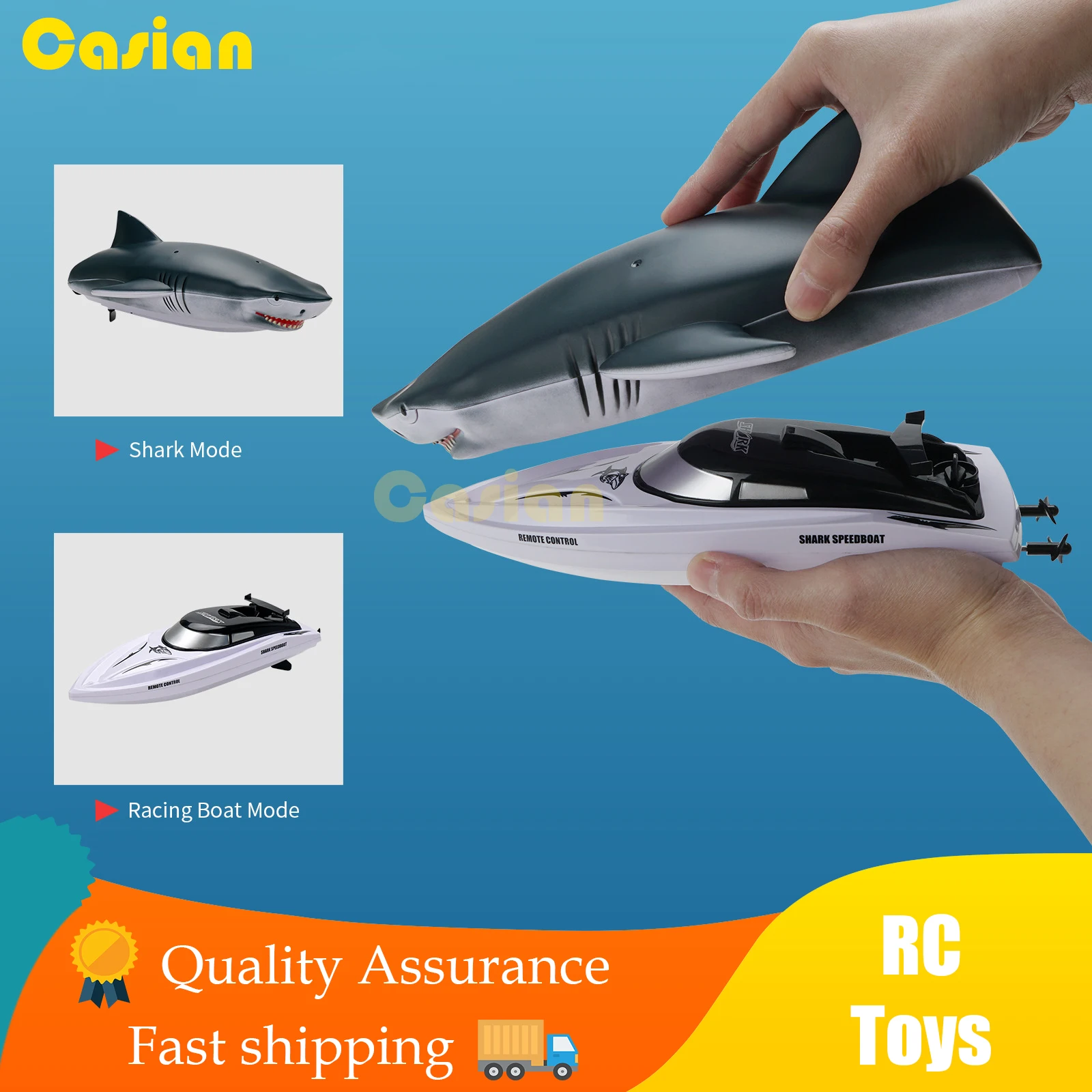 

2.4G 2 In 1 Rc Fishing Boat Simulated Shark Remote Control Ship Self Righting High Speed Racing Boats Toys for Boys Kid Child