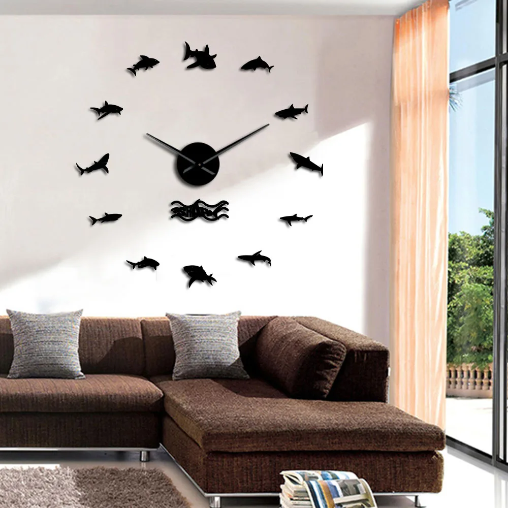 Ocean Sharks Giant Silent Wall Clock Nautical Decor White Sh