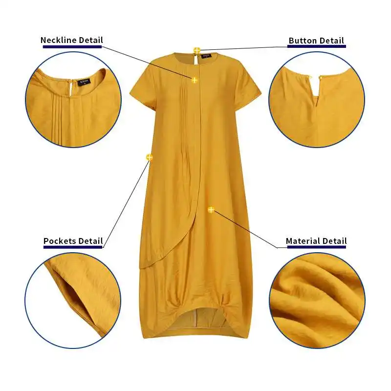 

Plus Size Women Solid Color O Neck Irregular Hem Summer Midi Dress Casual Loose Tunic Dress With Pockets