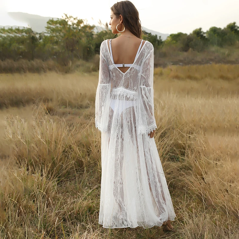 

HOT SALE!!!Explosion trumpet Breathable Translucent long sleeve V-neck big swing sexy lace dress female long sleeve