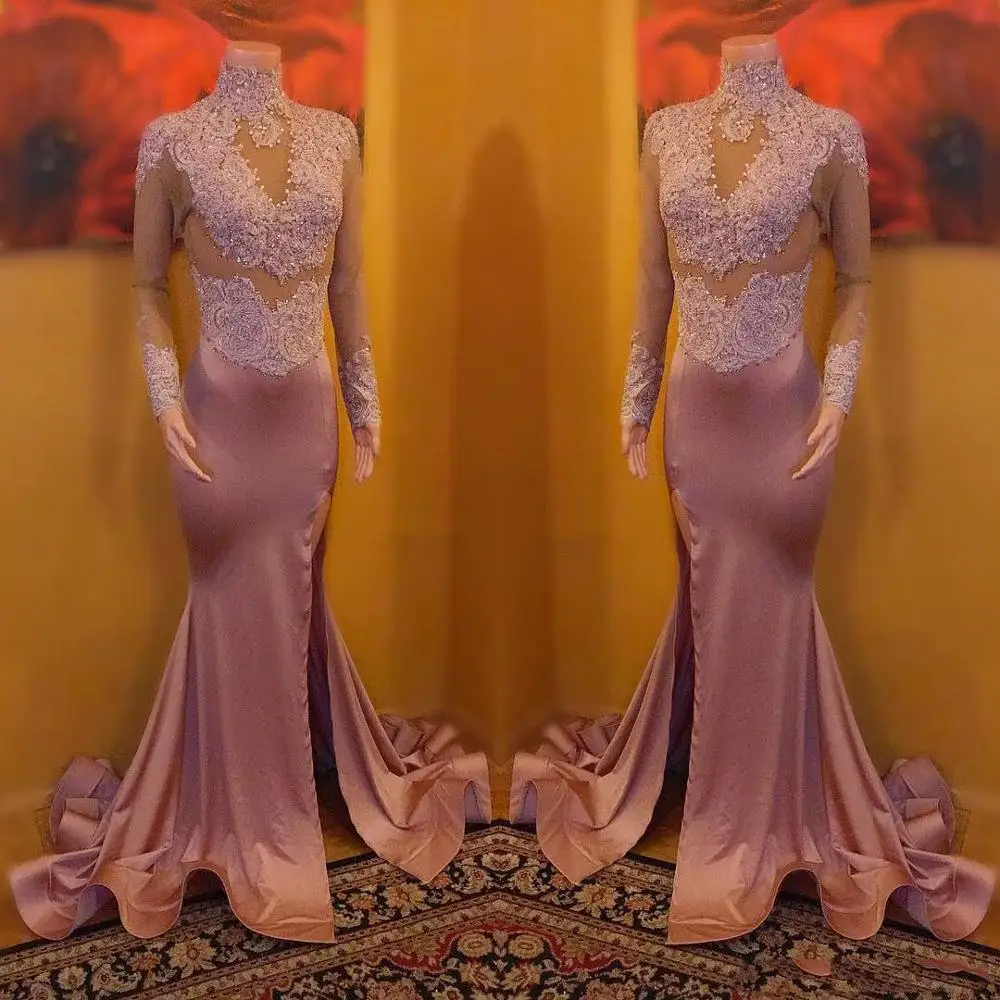 

Dusty Pink High Neck Crystals Beaded Long Prom Dresses Long Sleeves Lace Appliqued Side Split Evening prom Dress Sexy Illusion