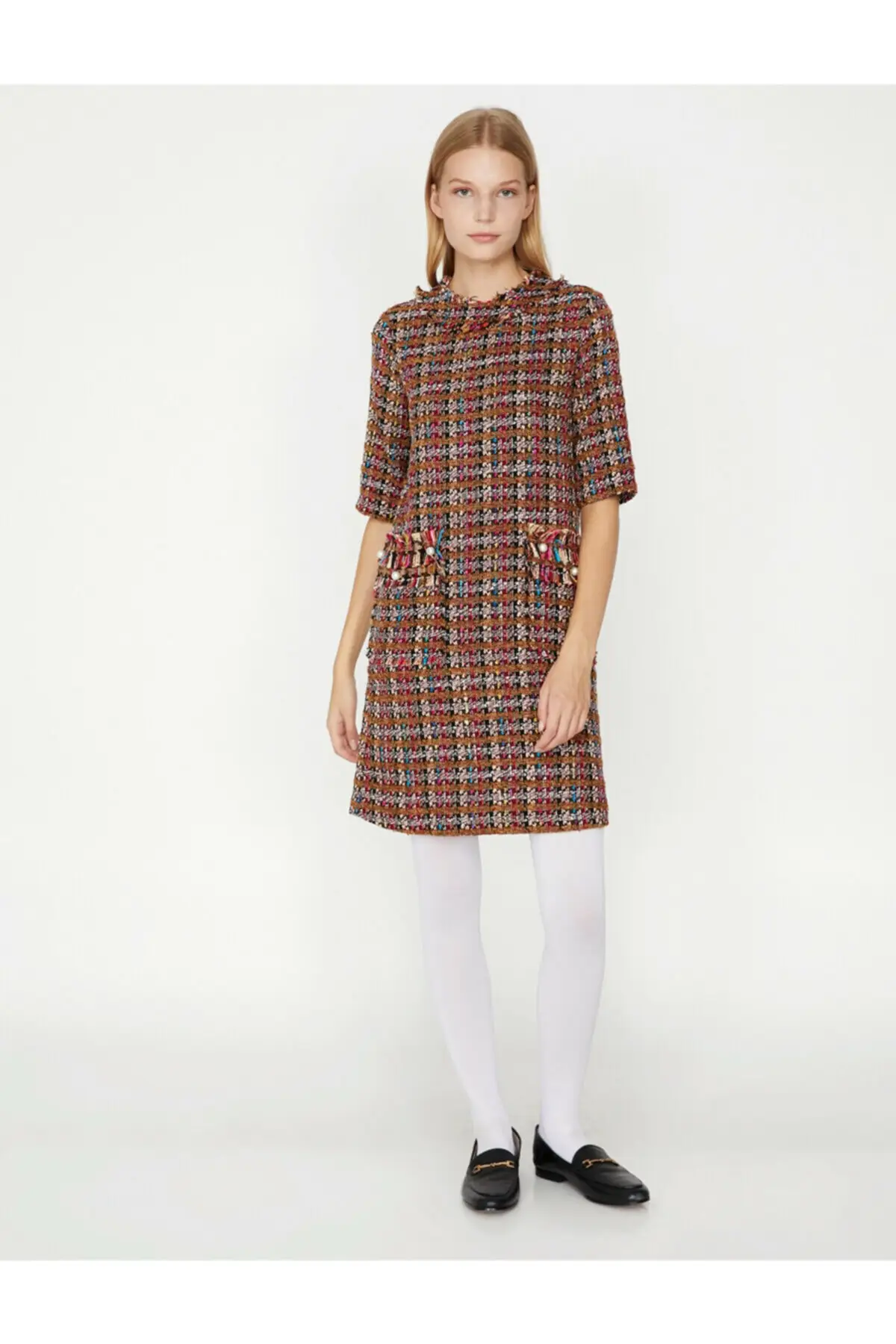 Женское мини платье Koton кофейное с коротким рукавом и карманом 9 KAK88159PW|Женские