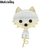 wulibaby opal cat magnet brooches for women unisex cubic zirconia lovely cat collar pins jewelry gifts