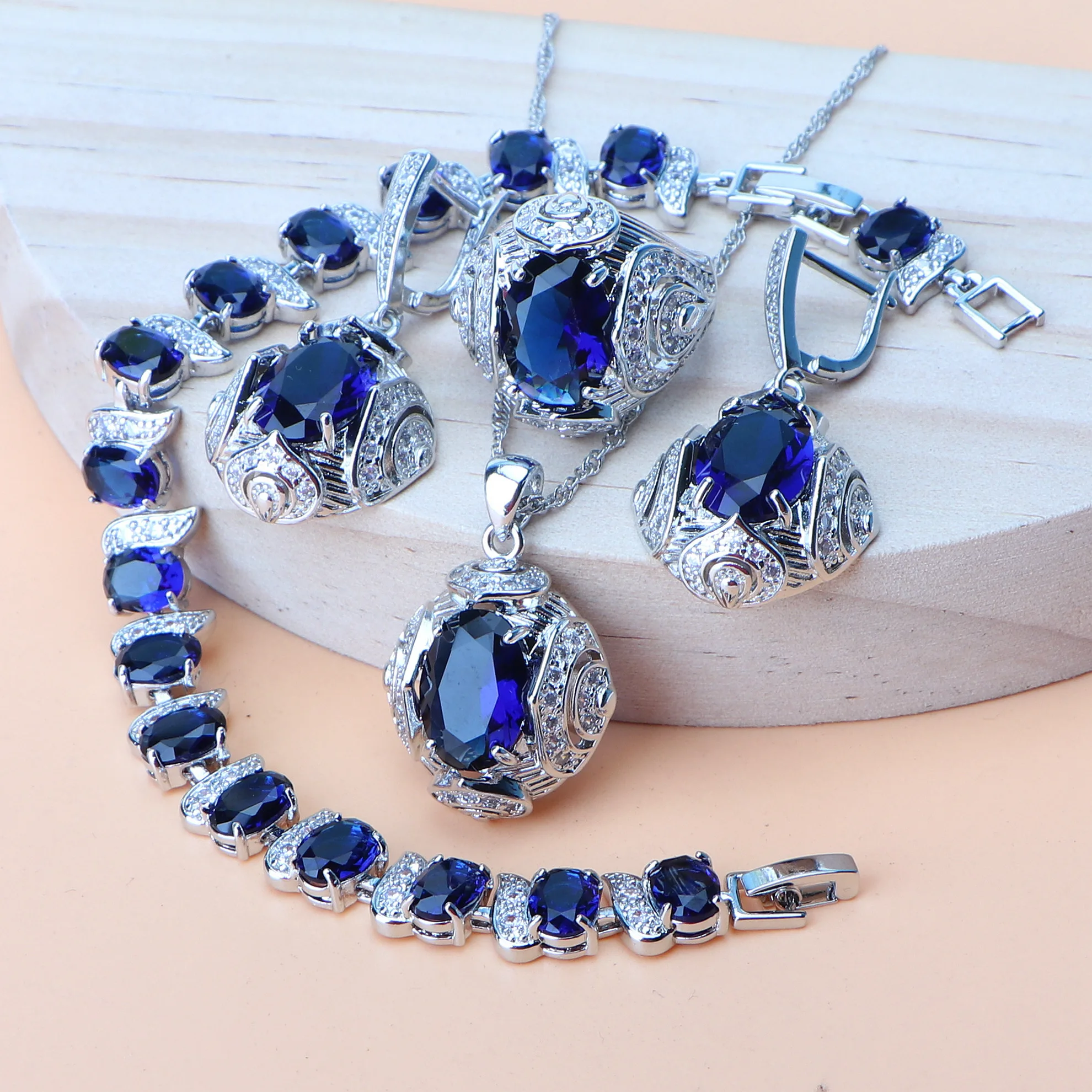 

Blue Zircon 925 Sterling Silver Jewelry Sets Bridal Jewelry For Women Wedding Stone Bracelet Rings Earrings Pendant Necklace Set
