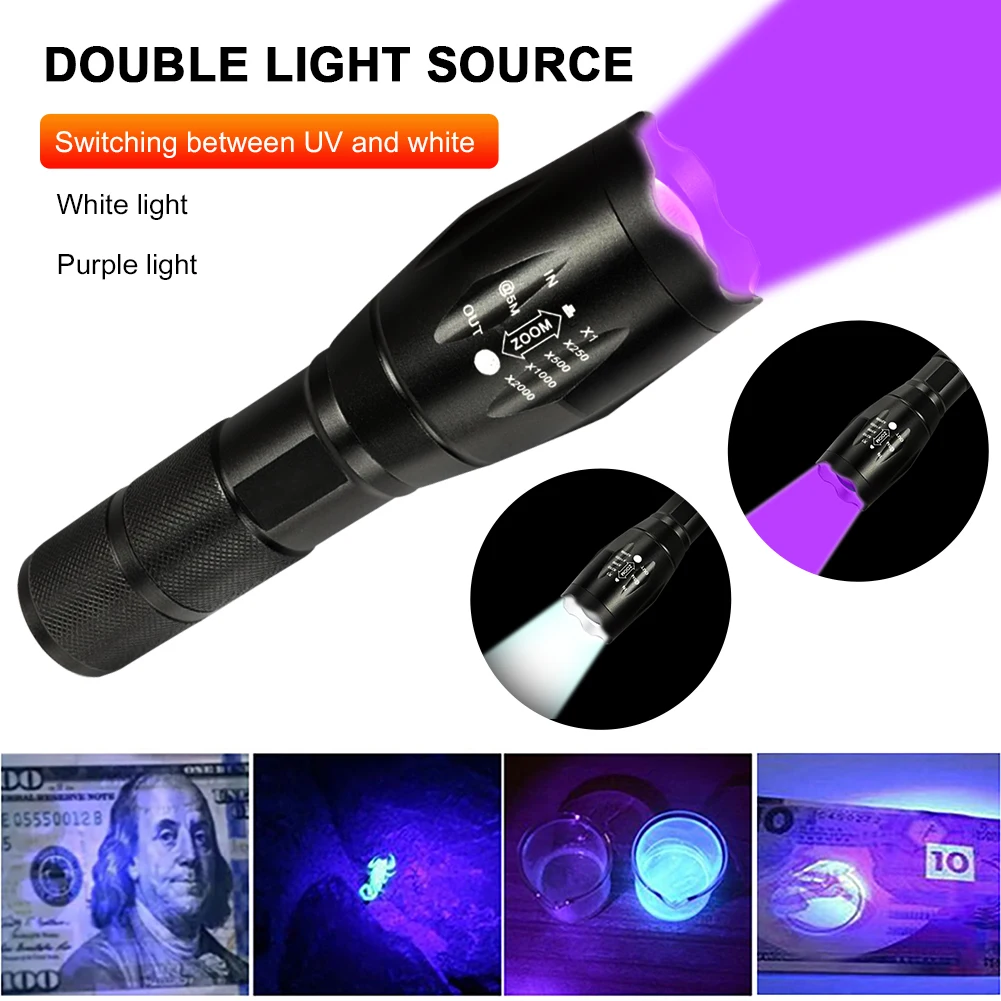 

Portable 150LM XPE+UV Mini Flashlight White+Purple Light Outdoor Zoomable 395nm Backlight Ultraviolet Torch Detector Lamp