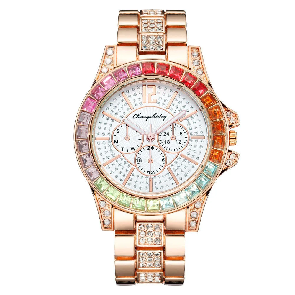 

New Watch Women Bracelet Set Stylish Luxury Full Diamond Temperament Watercolor Diamond Steel Belt Women's Business Watch Box