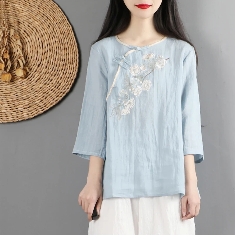 Рубашка с цветочной вышивкой в китайском стиле высокое качество Mujer топы рукавом