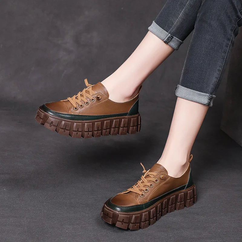 

Women Leather Flats Black Low Heels Casual Spring Shoes For Women Genuine Leather Flat Platform Casual Lace-up Round Toe 2021