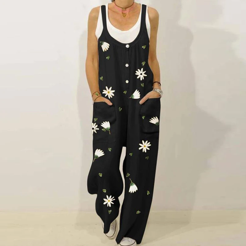 

Women Loose Cotton Linen Jumpsuit Vintage Summer Floral Print Button Strappy Bodysuit Casual Backless Pocket Overall Romper