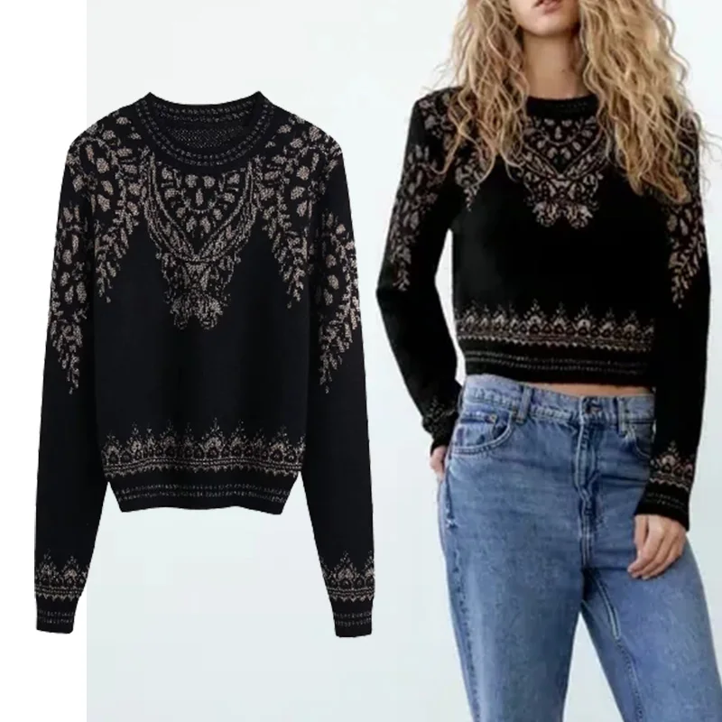 

TRAF zar Woman Sweater Women's Autumn Fashion Metallic Thread Jacquard Sweater Winter Women Chic Sweater Pullover Knit Tops