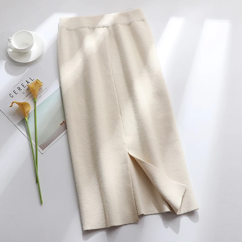 Skirts Womens Autumn Knitting Cotton Women Korean Skirt Straight Knit Long High Waist Bodycon Winter Split OL |