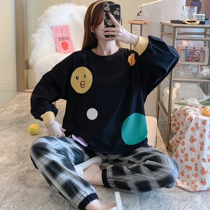 

Пижама женская, весна-осень, чистый хлопок, свежий черный клетчатый брючный костюм, Студенческая, с длинным рукавом, летняя и зимняя, домашня...