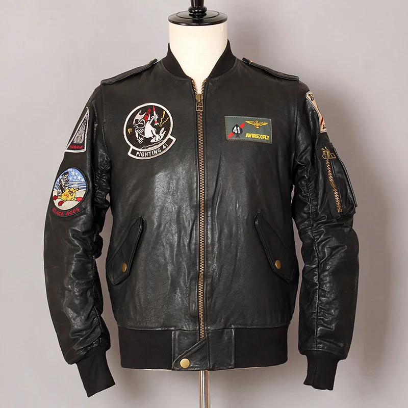 

AVIREX FLY Fashion Flight Jacket Sheepskin Genuine Leather Jacket Men Motorcycle Biker Coat Bomber Jacket Baseball uniform