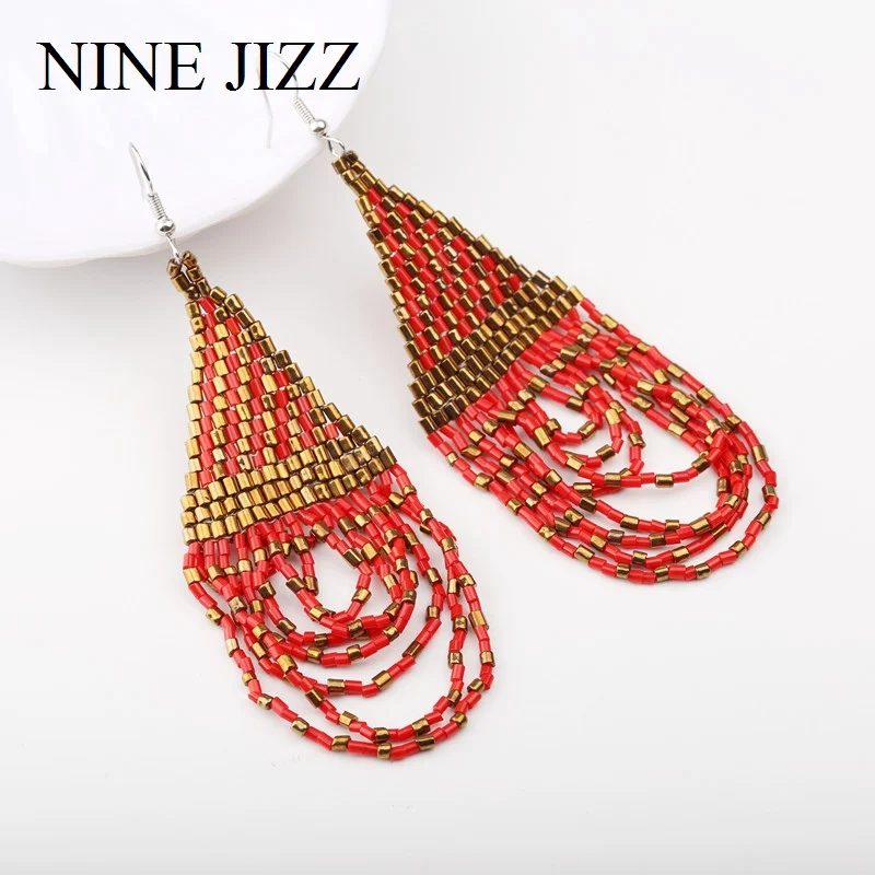 

Серьги NINEJIZZ с бисером, богемные серьги с кисточками для женщин, ручная работа, модные ювелирные изделия, свадебные подарки, крупные серьги