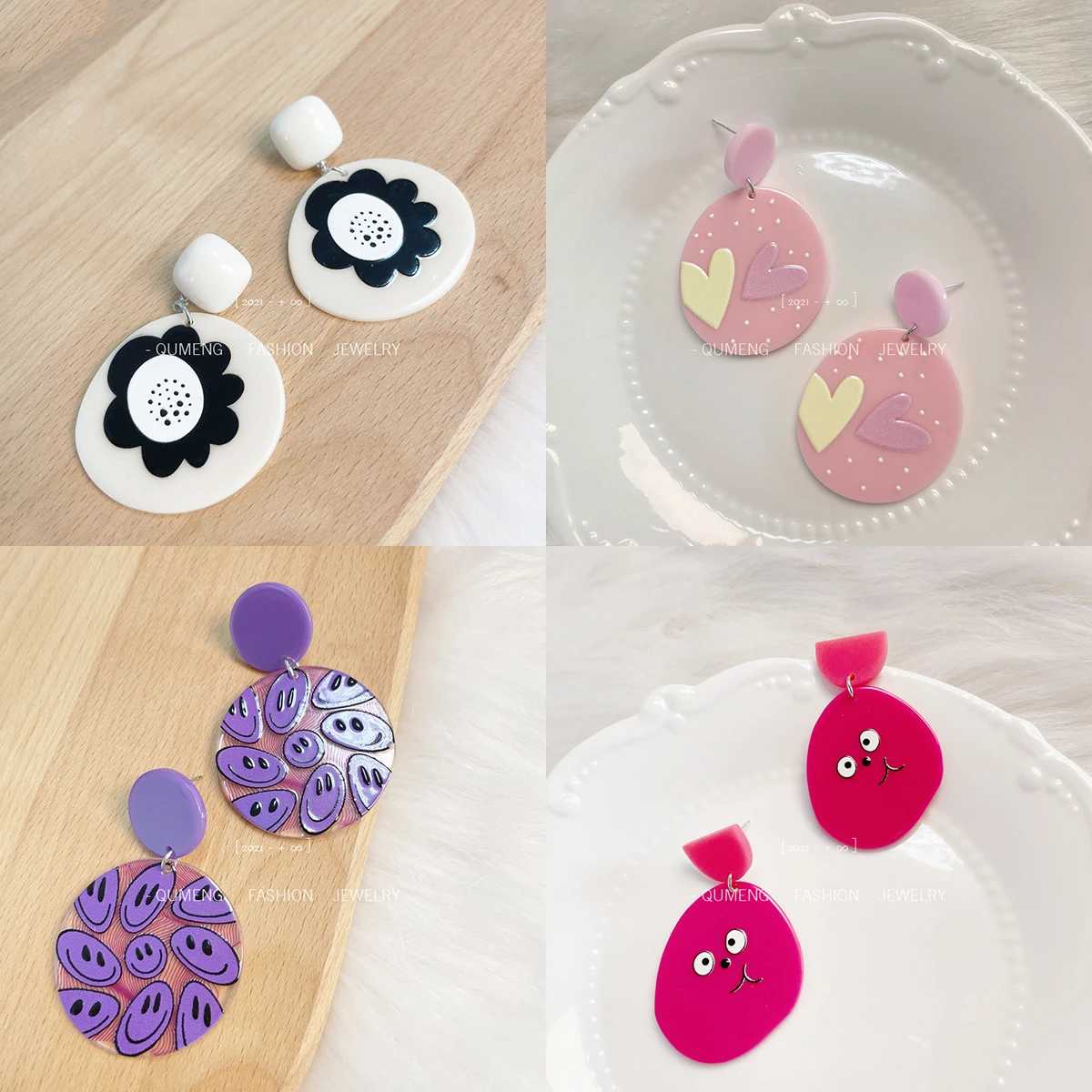 

QUMENG 2021 New Acrylic Series Colorful Geometric Irregular Graffiti Smiley Love Flowers Women Jewelry Dangle Earrings Round