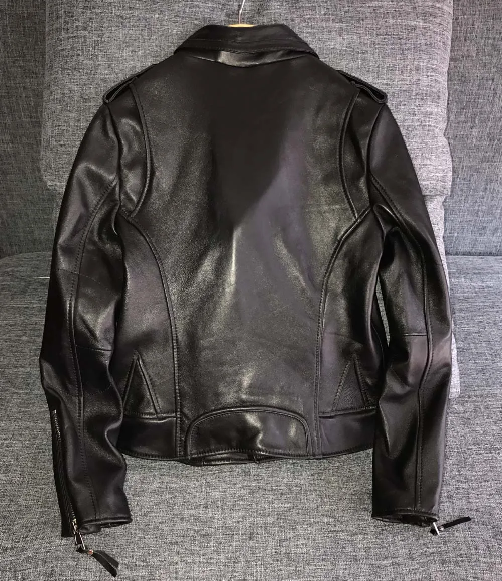 On big sales fashion women's motor jacket turn-down collar genuine leather clothing female lady sheepskin coat black 2xl 3xl