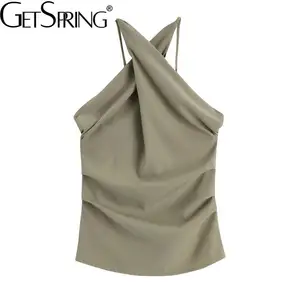 GetSpring Женский укороченный топ, перекрестный, без рукавов с открытыми плечами, привлекательные короткие топы, черный, зеленый цвет, универсальный летний топ для женщин, новинка 2019 г.