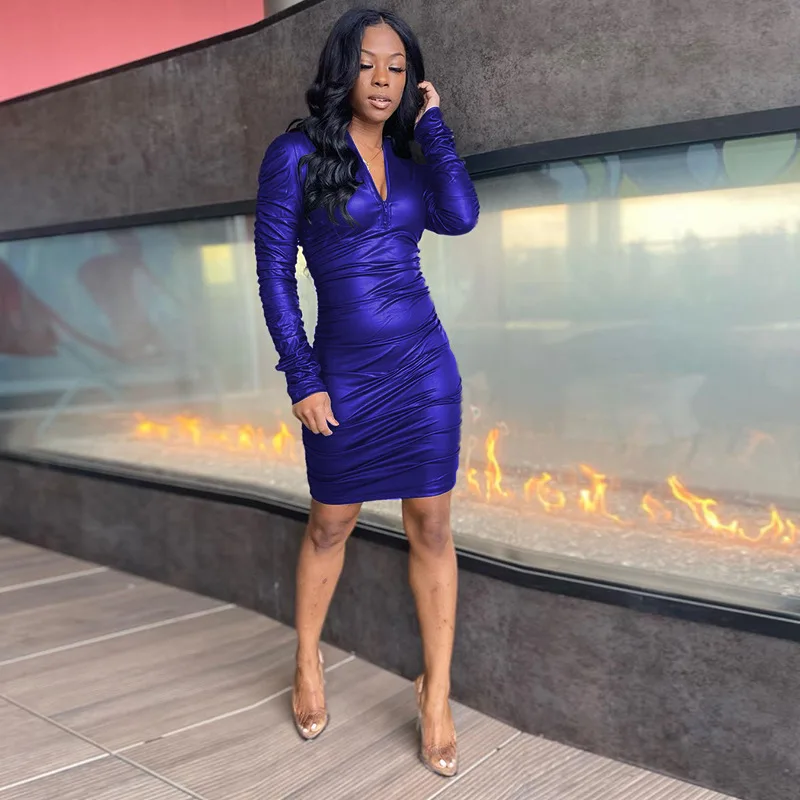 

Women Fashion Zipper Up PU Leather Shirt Dress Office Ladies Long Sleeve Vestido Ruched Pleated Autumn Birthday Dresses