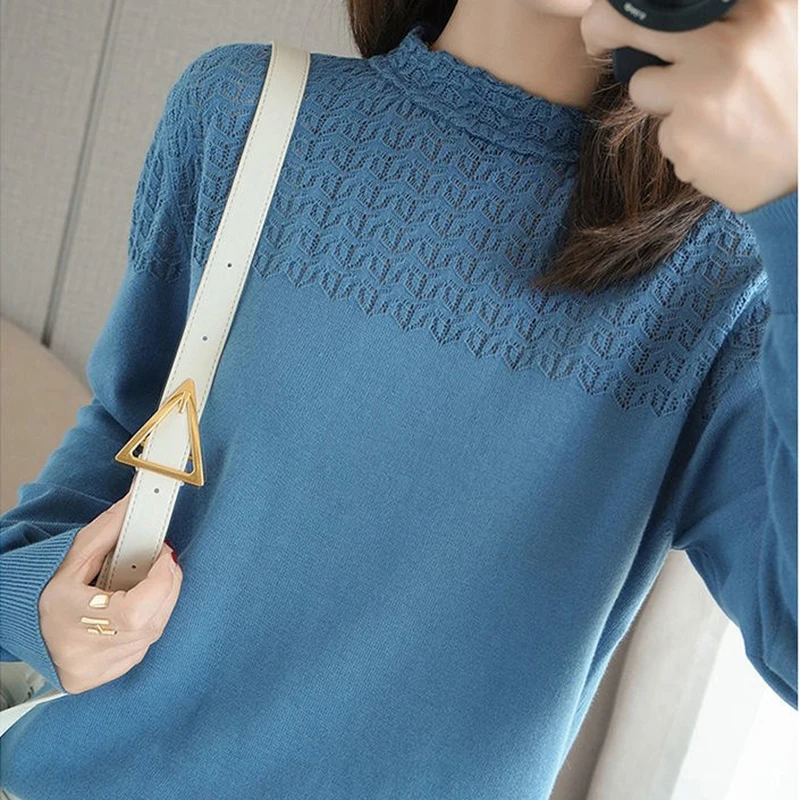 

Half Turtleneck Hollow Out Thin Sweater Long Sleeve Pullover Women Fashion Sweaters Woman 2021 Spring Knitted Sweater Tops Femme