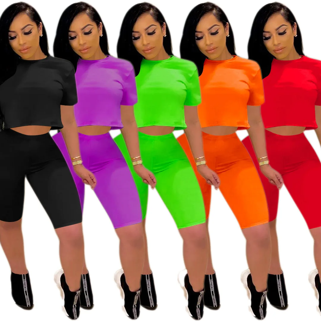 

Solid Tracksuit Women 2 Piece Set 2020 Summer Crop Top and Shorts Set Jogging Femme Biker Shorts Black Women Clothes Cute Outfit