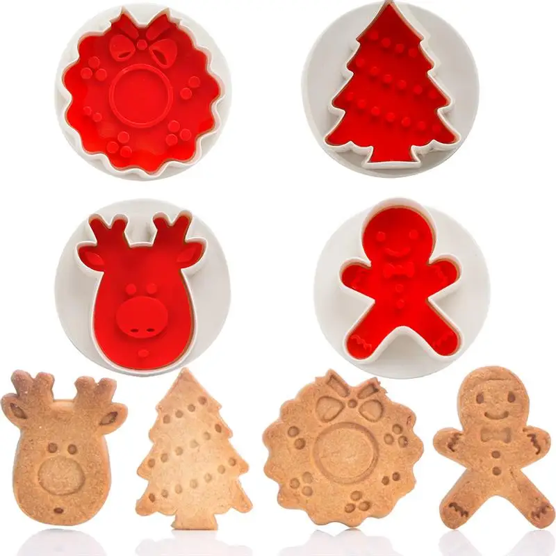 

4Pcs Christmas Cookie Cutter Embossing Mold Fondant Stamper Set Themed Die Biscuits Pastry Cutter Set For DIY Cake Baking Mould
