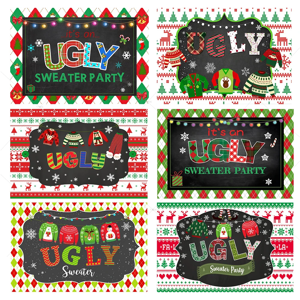 

Christmas Ugly Sweater Party Photocall Black Background Snow Light Baby Poster Portrait Customized Photography Backdrops Studio
